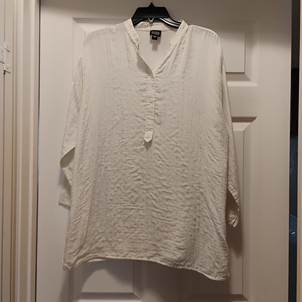 Eileen Fisher Silk Organic Linen White LongSleeve Quiet Luxury Boxy Shirt Size L